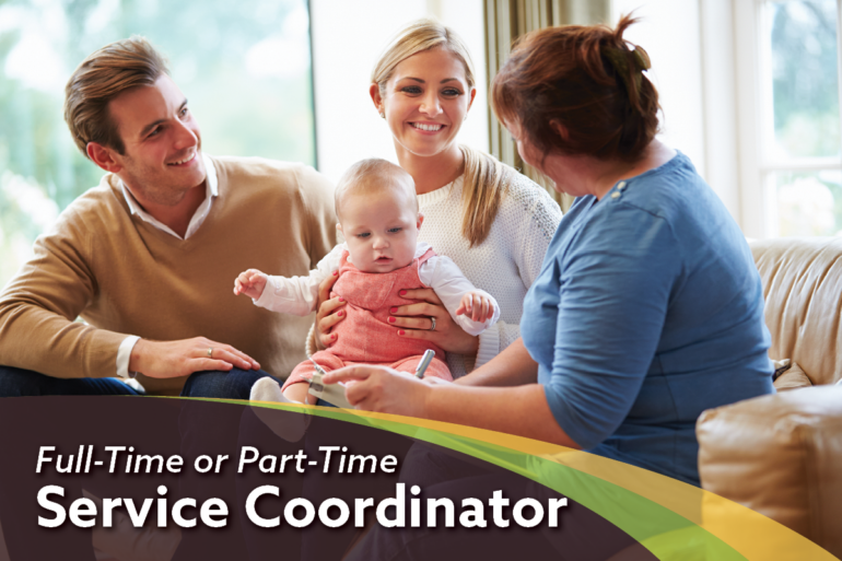 Husband and wife with baby talking to social worker