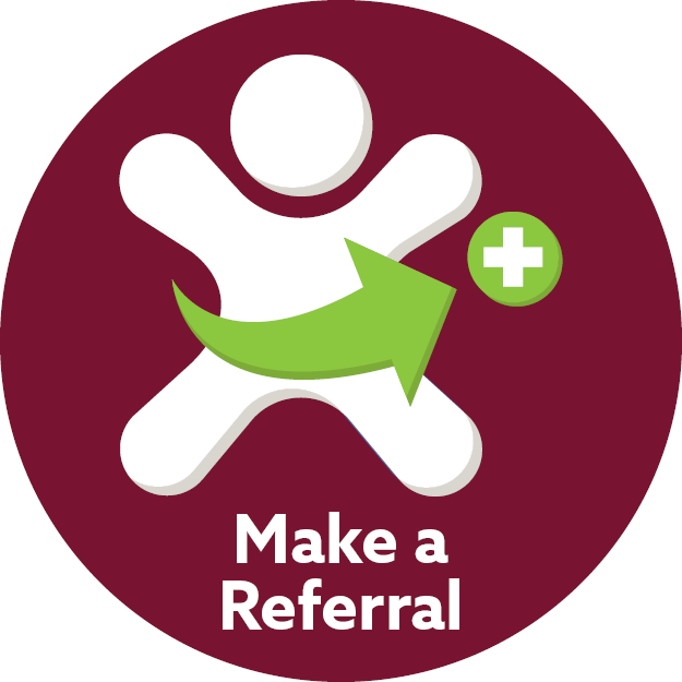 Maroon circle with an illustration of a child and arrow pointing to a "plus sign". Image text: Make a referral