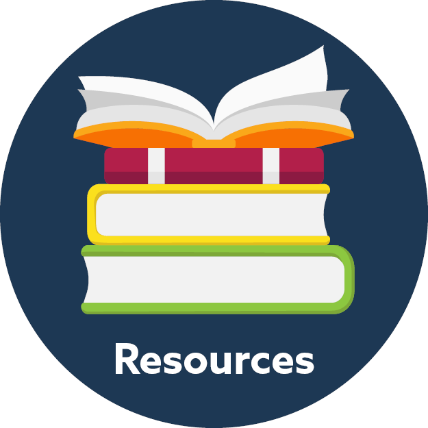 Blue circle with an illustration of a stack of books. Image text: Resources