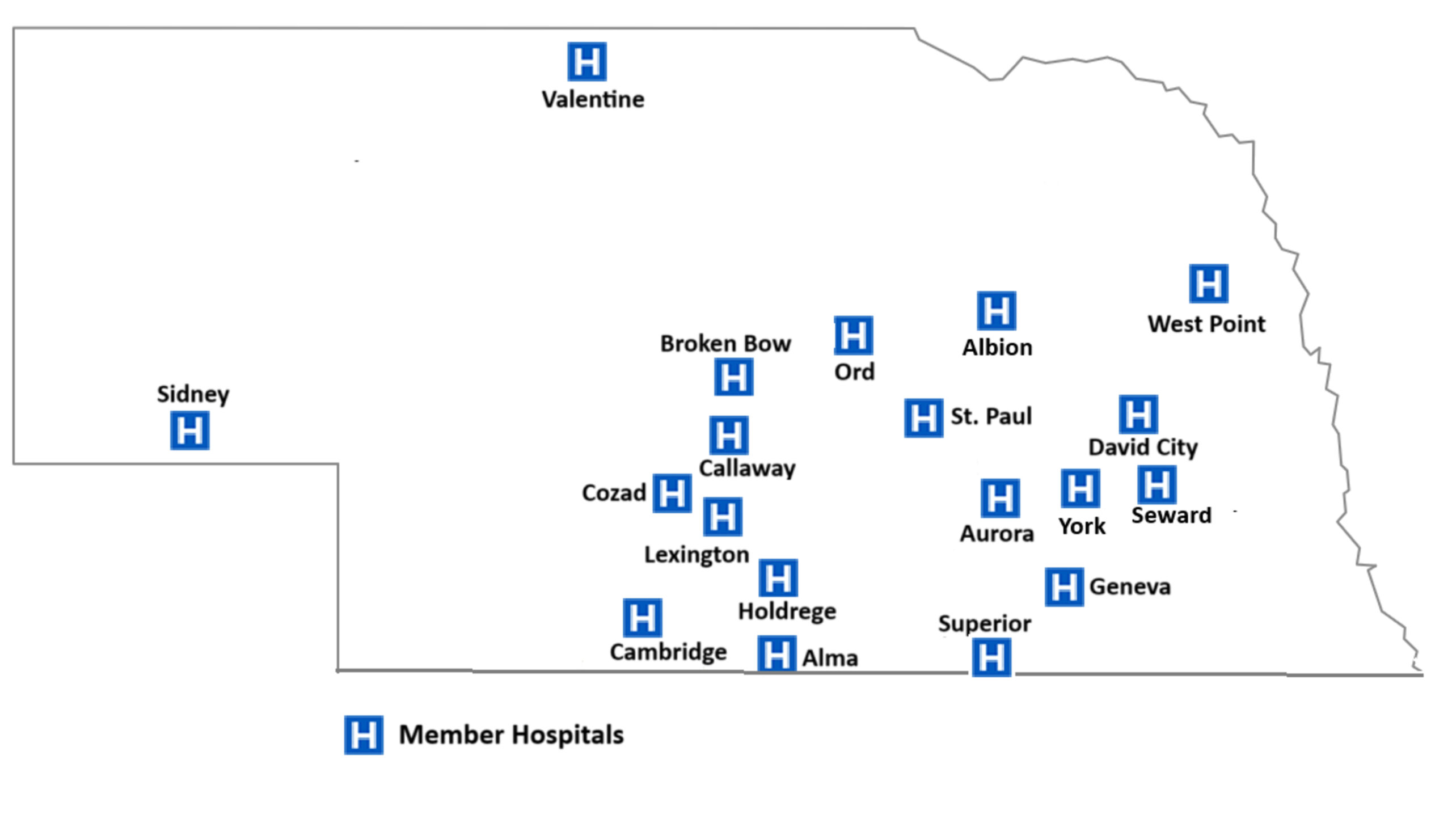 The map shows 19 rural hospitals that joined the Nebraska High Value Network.