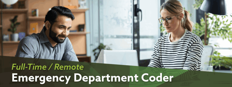 Two professionals working from home. Image text: Full-Time / Remote Emergency Department Coder