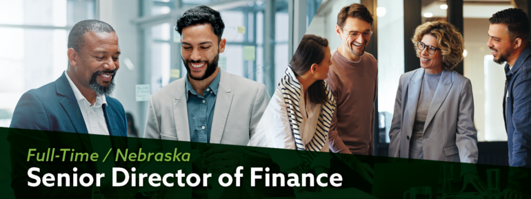 Image: Woman working from home and a man working from home Overlay Text: Full-Time / Nebraska Senior Director of Finance